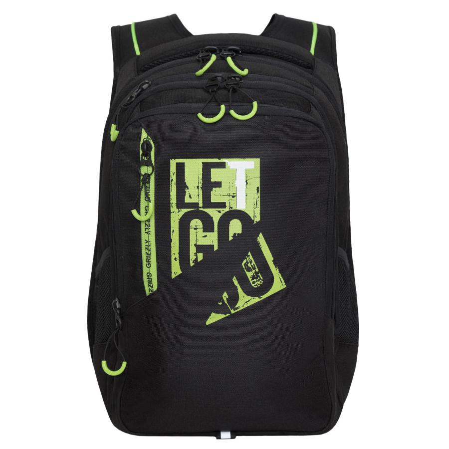 Рюкзак GRIZZLY "Let go", с отделением для ноутбука, черный- салатовый