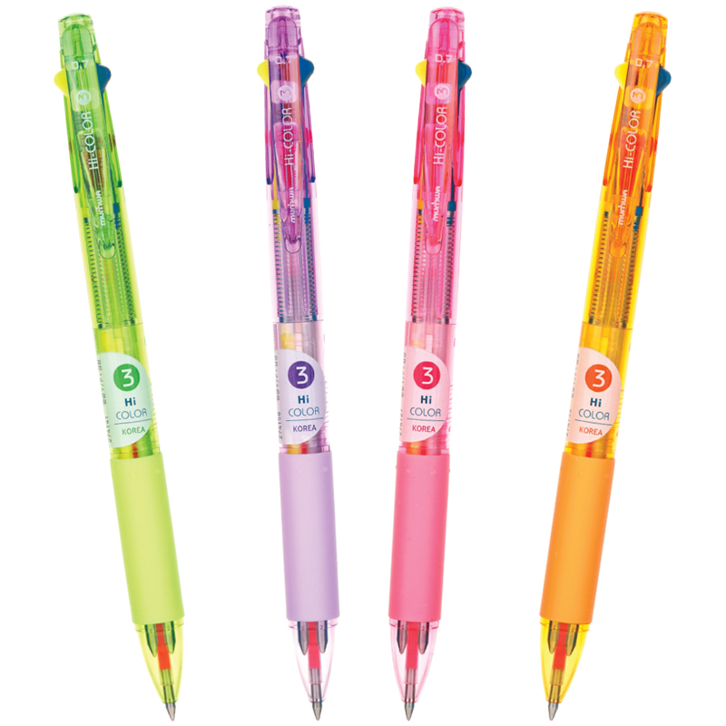 Ручка шариковая автоматическая "Hi-Color 3" 3цв.(син/неон желт/неон роз),0,7мм,корпус ассорти