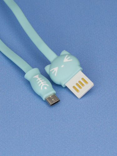 Кабель для зарядки Micro USB "Котик", в футляре, голубой, 1м