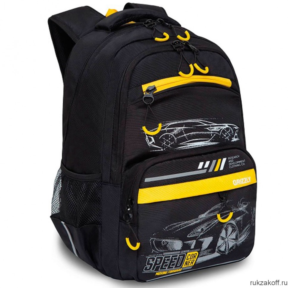 Рюкзак GRIZZLY 39х26х19 см, с отделением для ноутбука, чёрный- желтый