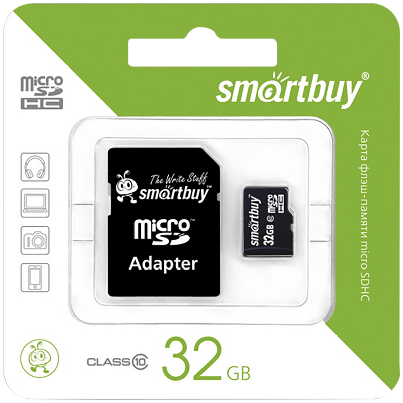 Карта памяти SmartBuy MicroSDHC 32GB, Class 10, Class 10, скорость чтения 10Мб/сек (с адаптером SD)