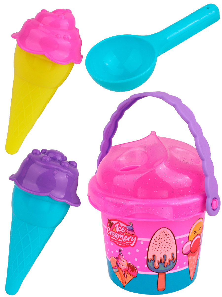 Песочный набор "Мороженое"(ведерко,крышка,лопатка,2 рожка,формочки,в сетке), ассорти