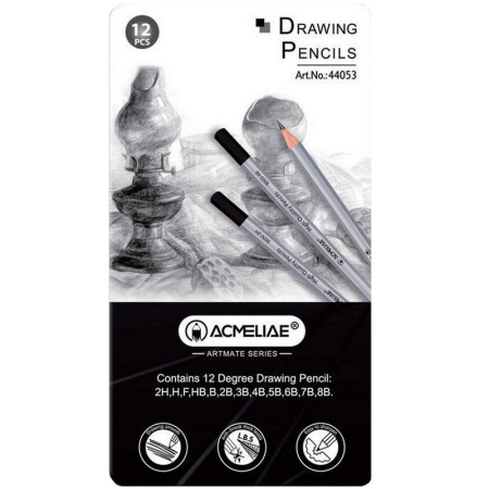 Набор карандашей чернографитных ACMELIAE, 2H-8B (упаковка 12 шт), металлический пенал