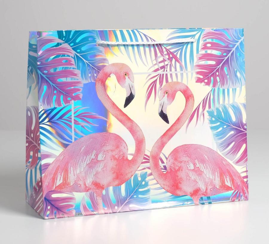 Пакет подарочный голографический «Фламинго», 32 × 26 × 12 см