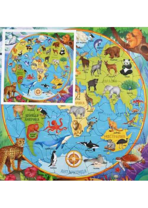 Пазл 80 шт "Карта мира. Животные" фигурный на подложке