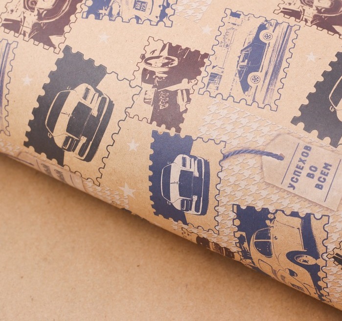 Бумага упаковочная 50х70 см, крафт "Почтовые марки"