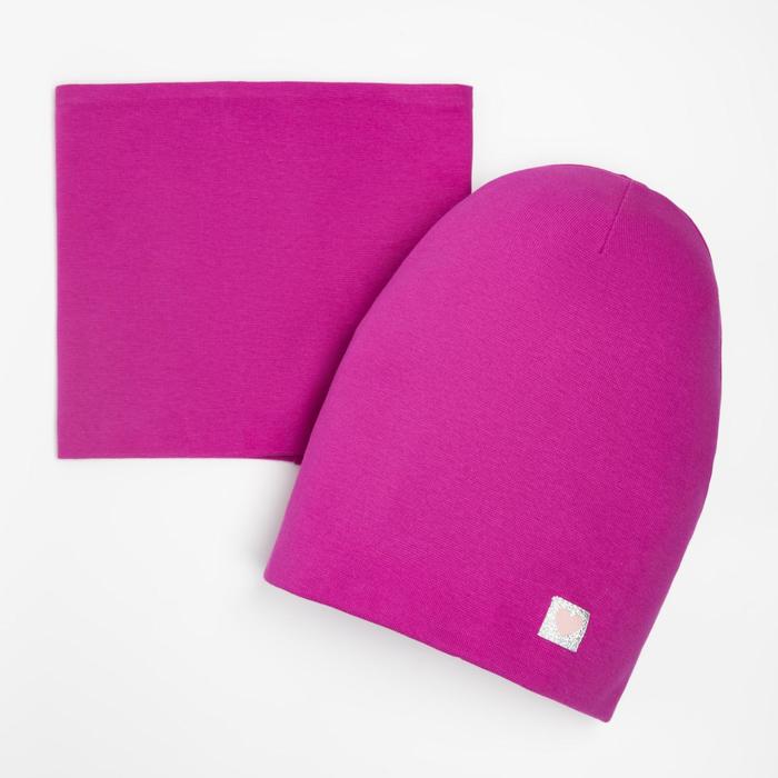 Комплект шапка + снуд для девочки,фиолетовый/единорог, размер 50-54