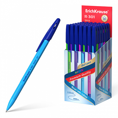 Ручка шариковая Erich Krause "R-301 Stick Neon" 0,7 мм, синяя