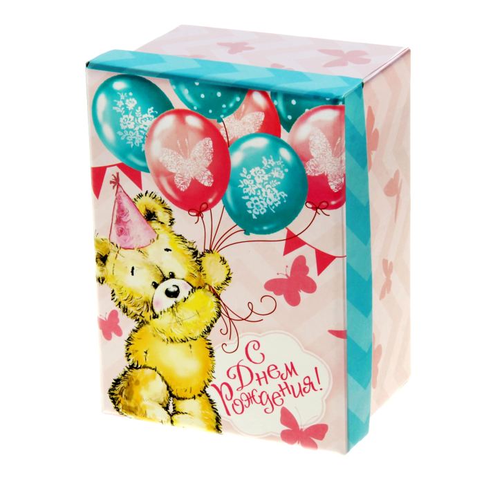 Коробка подарочная "Мишка с шарами, С днем рождения"