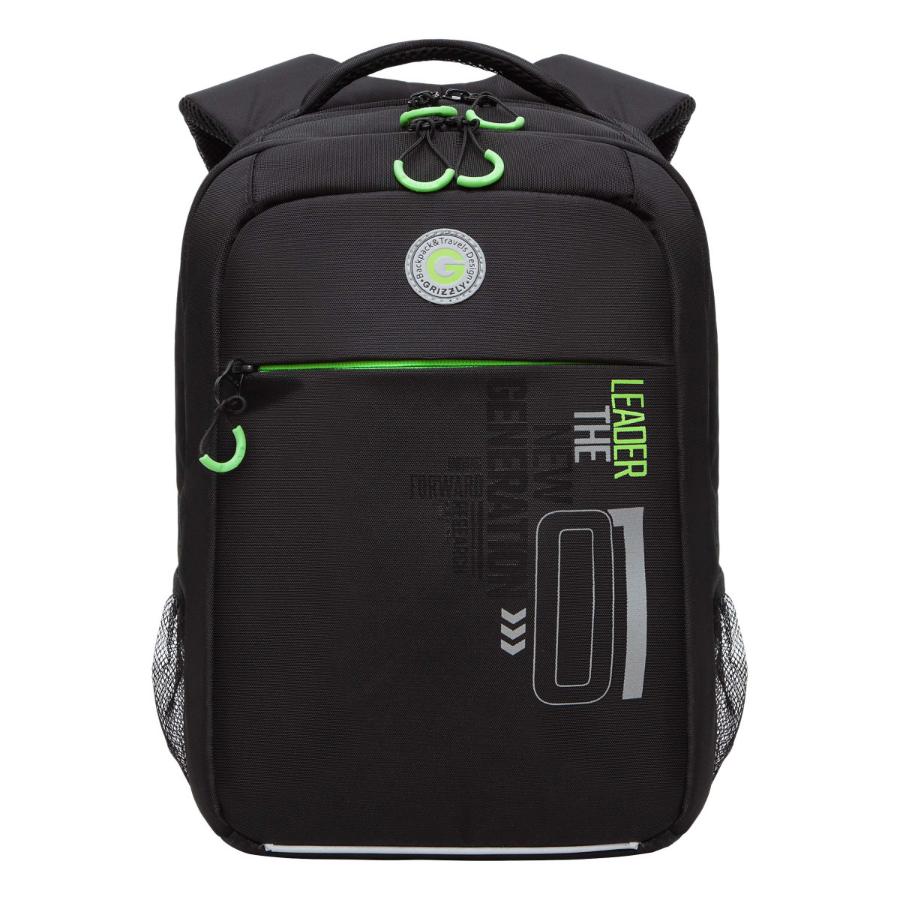 Рюкзак GRIZZLY "01", с отделением для ноутбука, черный-салатовый