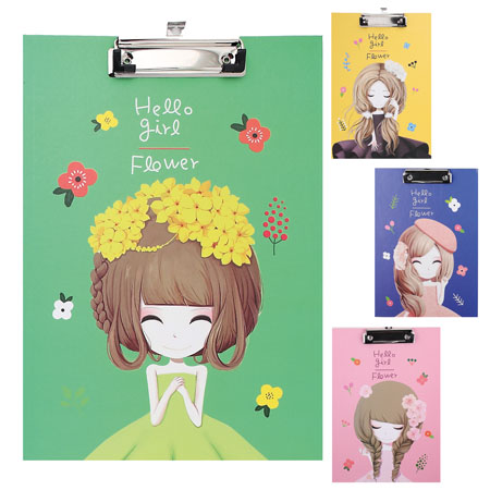 Планшет клип-борд А4 "Девочка и цветы" ламин. картон, с верхним прижимом, ассорти