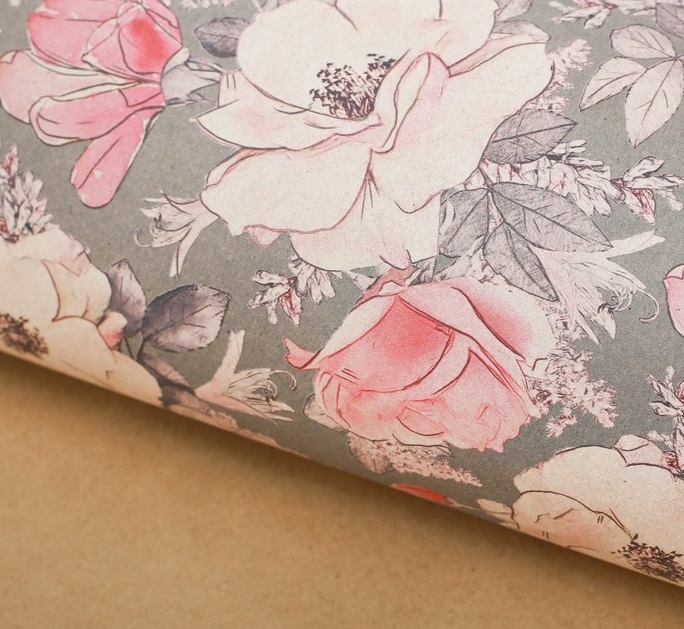 Бумага упаковочная 50х70 см, крафт "Цветы на сером"