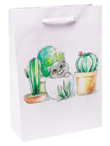 Пакет подарочный 14x20x6.5 см "Котик в кактусах" с глянц ламин