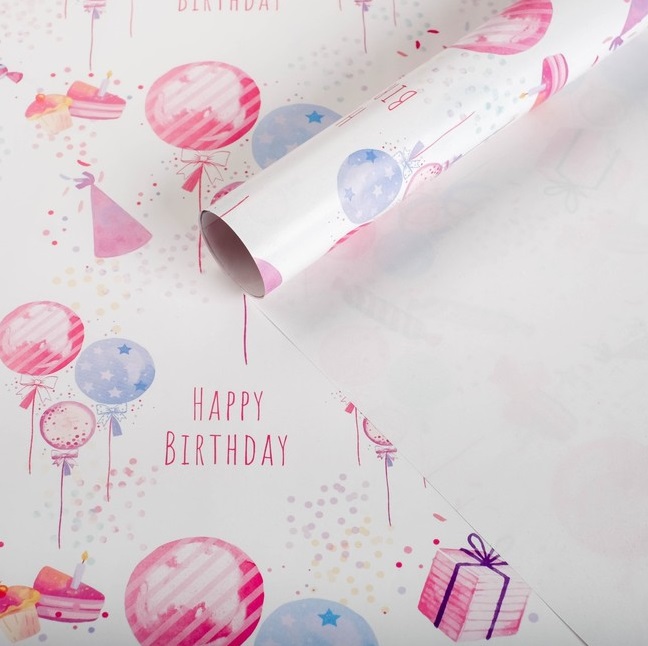 Бумага упаковочная 100х70 см, глянцевая "Happy Birthday"