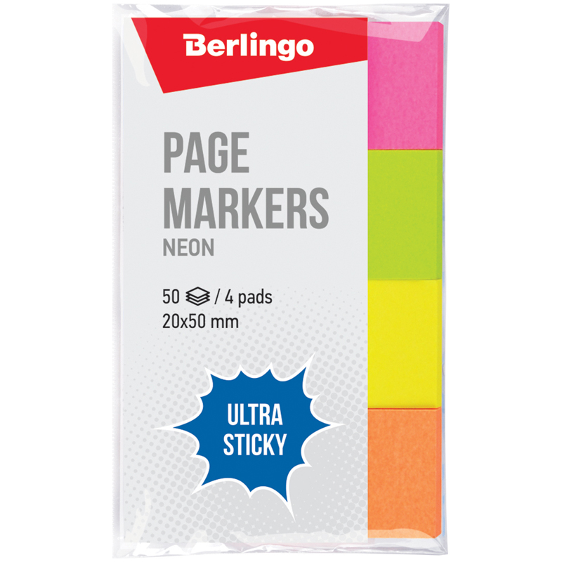 Закладки самоклеящиеся Berlingo "Ultra Sticky", 20х50мм, 50л х 4 неоновых цвета, флажки