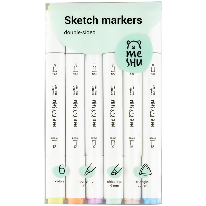 Набор маркеров для скетчинга MESHU,  6 цветов, 2-6 мм, двусторонние, пастельные цвета