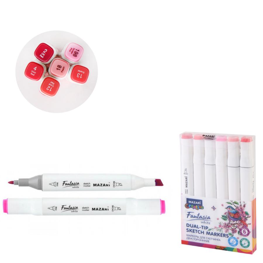 Набор маркеров для скетчинга Fantasia White, 6 цветов, розовые цвета, 3-6,2 мм, двусторонние
