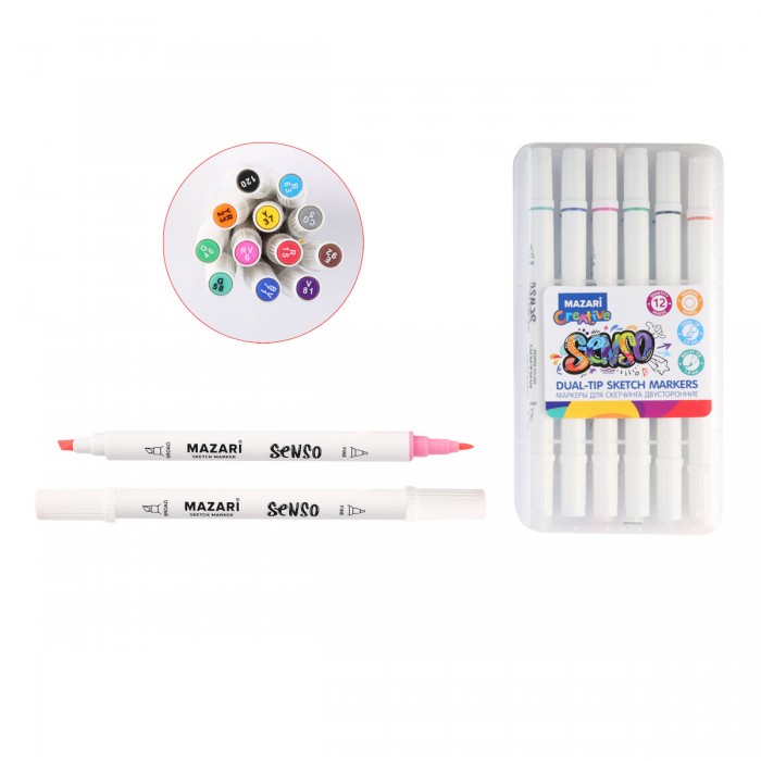Набор маркеров для скетчинга Senso Pastel, 12 цветов, основные цвета, 1-4 мм, двусторонние