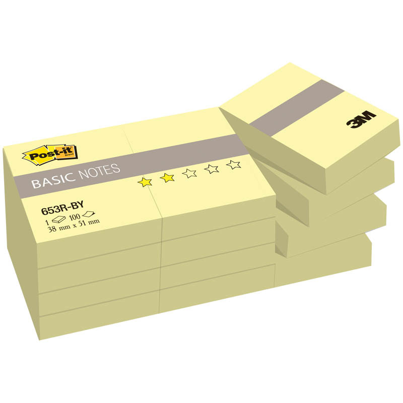 Бумага с липким слоем Post-it "Basic" 38х51 мм 12 блоков по 100л, канареечно желтый