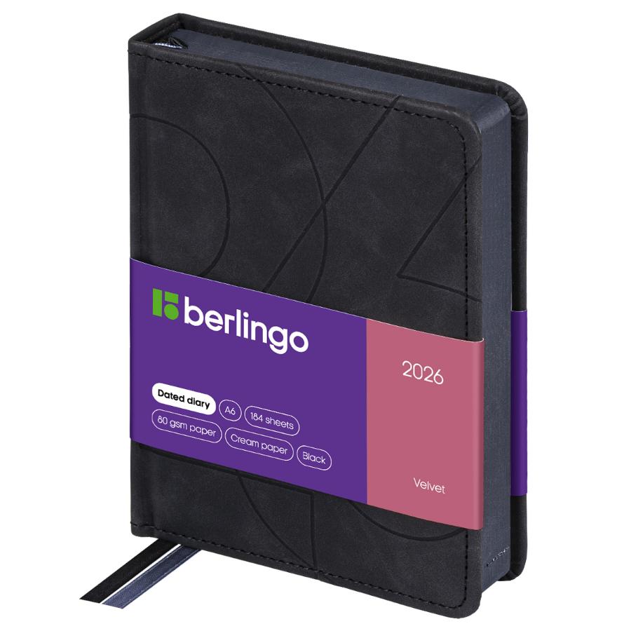 Ежедневник А6 176 л. 2026г, Berlingo "Velvet", кожзам, цветной срез, черный