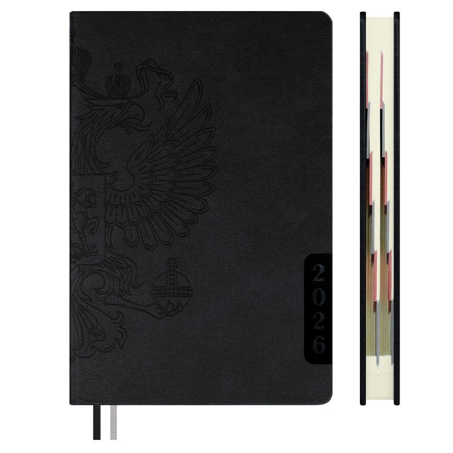 Ежедневник А5 176 л  2026, ESCALADA, Наппа черный, кожзам, вырубка по месяцам