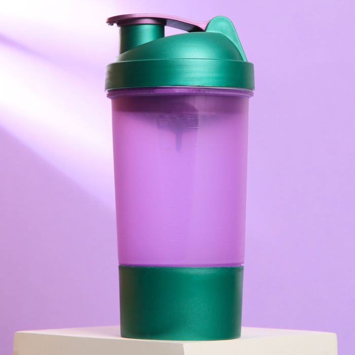 Шейкер 500 мл, с чашей под протеин, фиолетово-зелёный