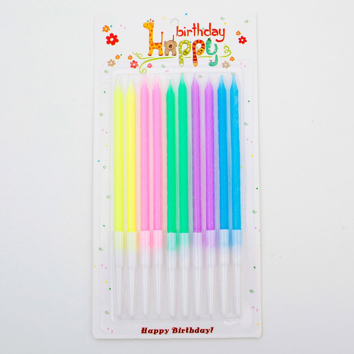 Свечи для торта тонкие "С Днем рождения" неоновые с подставкой (10 шт)