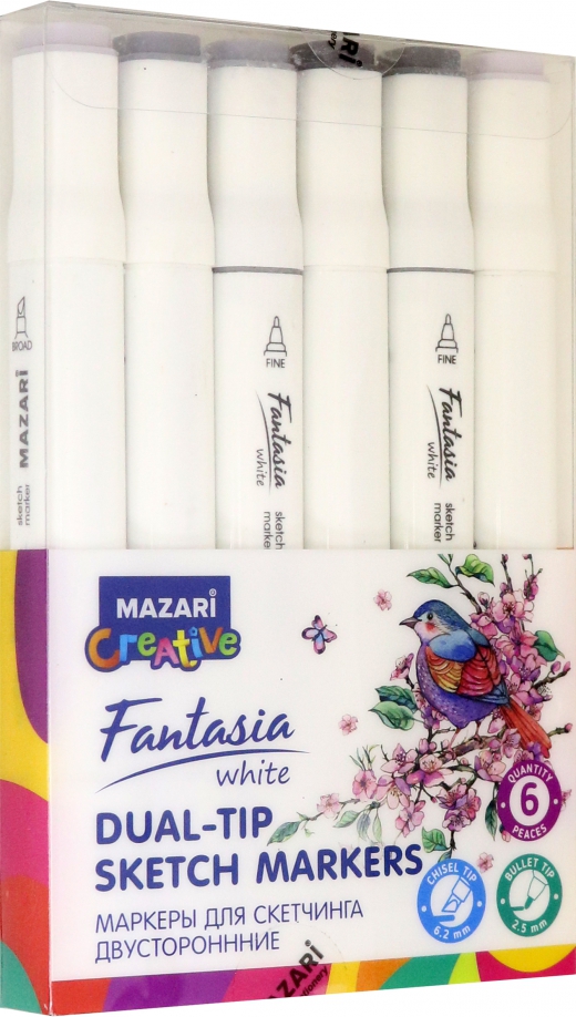 Набор маркеров для скетчинга Fantasia White, холодные серые, 6 цветов, 2,5-6,2 мм, двусторонние