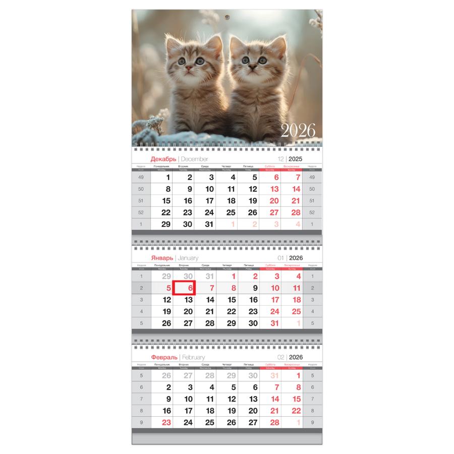 Календарь квартальный 3 бл. на 3 гр. BG Mini  "Котята",  с бегунком , 2026г.
