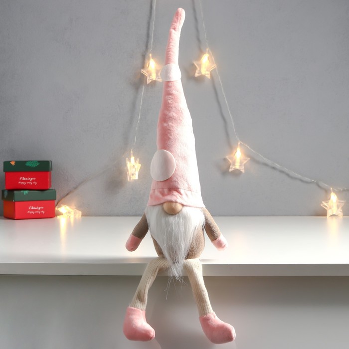 Кукла интерьерная "Дед Мороз в розовом колпаке с кружочками" длинные ножки 56х13х9 см 