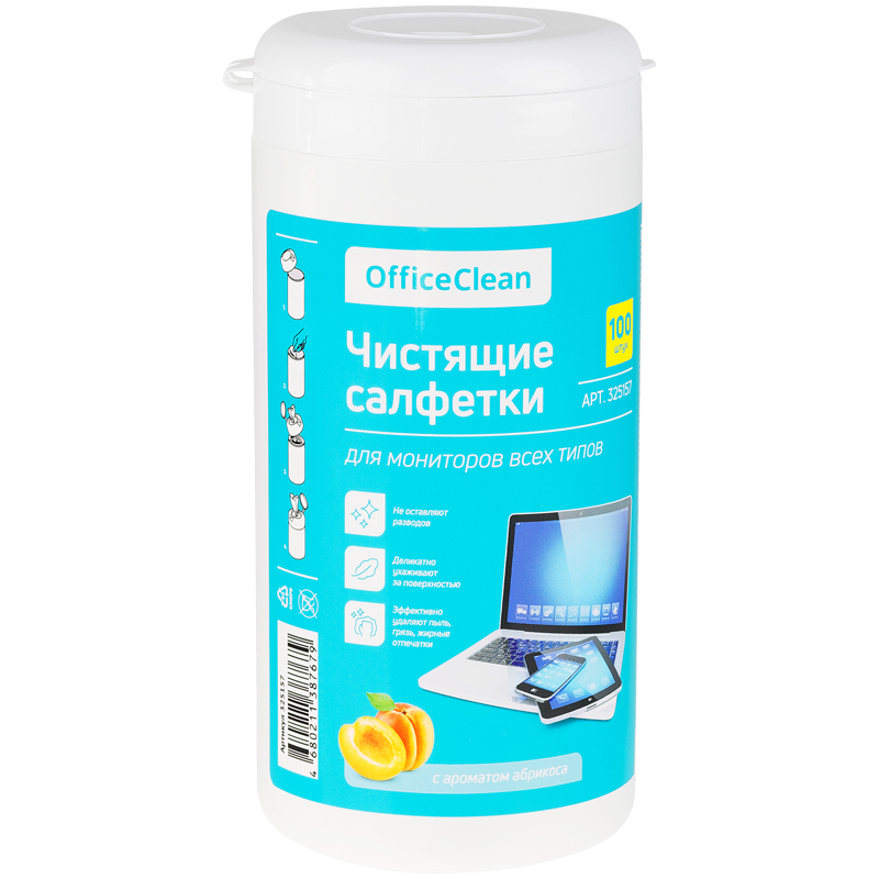 Салфетки чистящие влажные OfficeClean, для мониторов всех типов, в тубе, с ароматом абрикоса, 100шт.