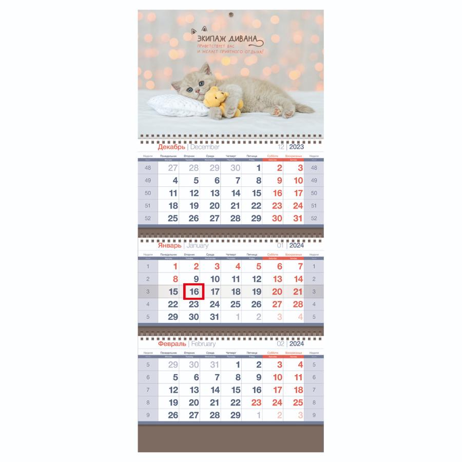 Календарь квартальный 3 бл. на 3 гр. Standard "Сute kitten", с бегунком, 2024г.
