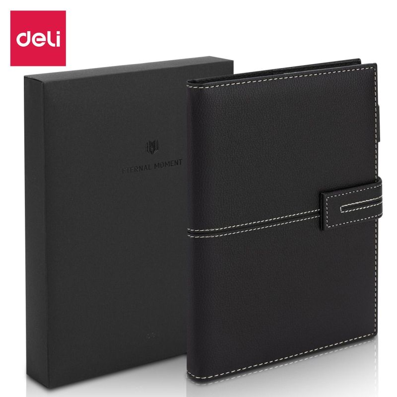 Книжка записная A5, 120 л, 80 г/м2, клетка, черный, кожа, в подарочной коробке