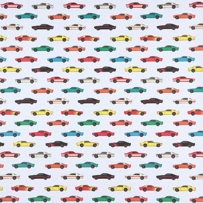 Бумага упаковочная 50х70 см крафт белый "Гоночные машинки" 