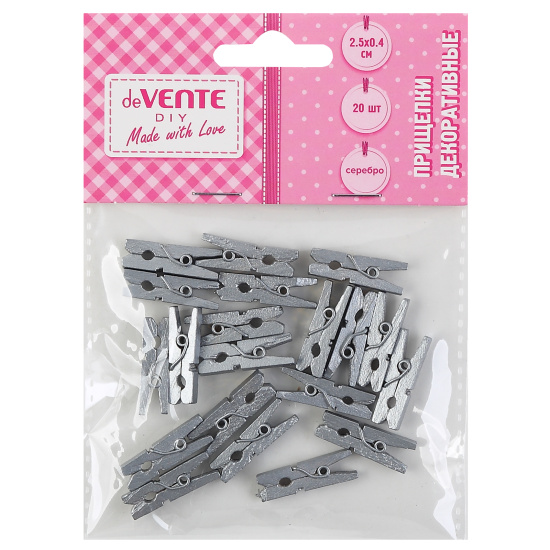 Прищепки декоративные "deVENTE.Silver" деревянные, 20 шт, ассорти