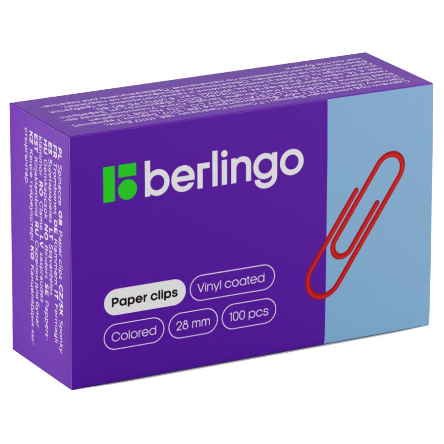 Скрепки 28 мм, 100 шт, цветные Berlingo, в картонной коробке