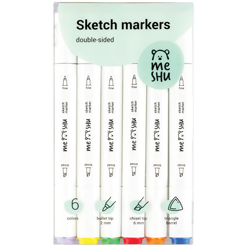 Набор маркеров для скетчинга MESHU,  6 цветов, 2-6 мм, двусторонние, основные цвета
