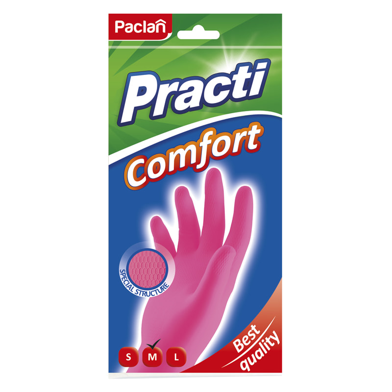Перчатки резиновые Paclan "Practi.Comfort", р.М, розовые, пакет с европодвесом
