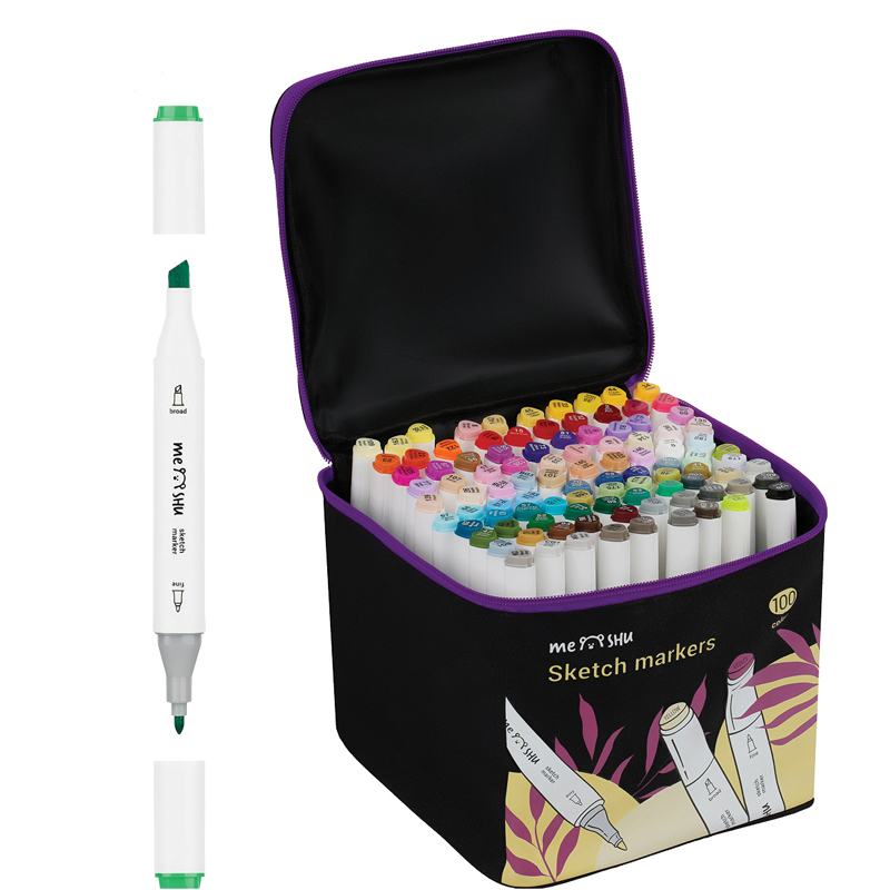 Набор маркеров для скетчинга MESHU,100 цветов, 2-6 мм, двусторонние, основные цвета, чехол