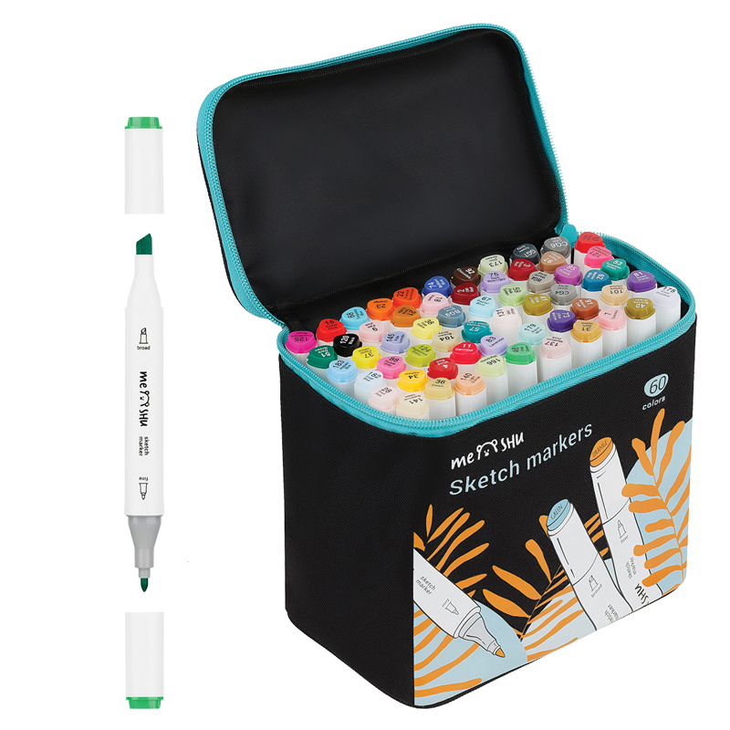 Набор маркеров для скетчинга MESHU, 60 цветов, 2-6 мм, двусторонние, основные цвета, чехол