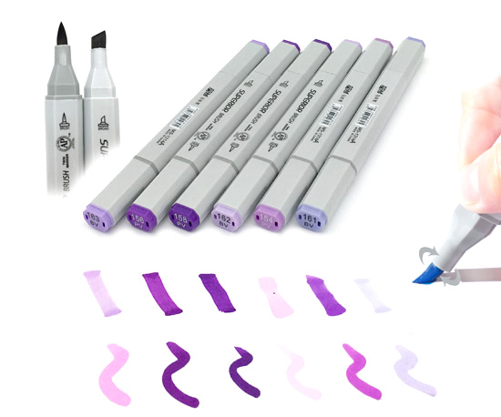 Набор маркеров для скетчинга Superior, 6 цветов, фиолетовые оттенки, (кисть+скошенный) 