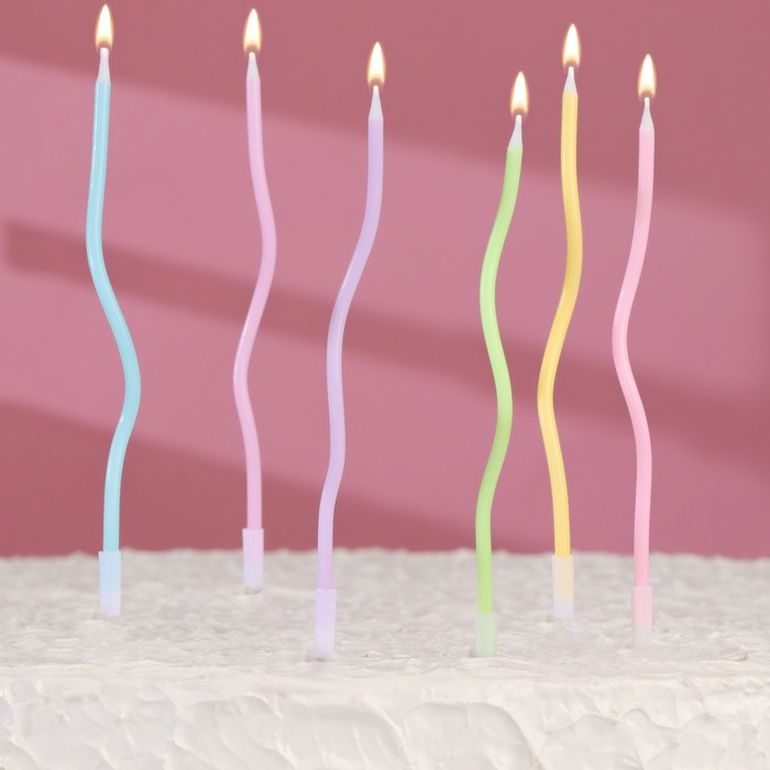 Свечи в торт коктейльные витые "С днем рождения", 6 шт, 16,5 см, разноцветные 