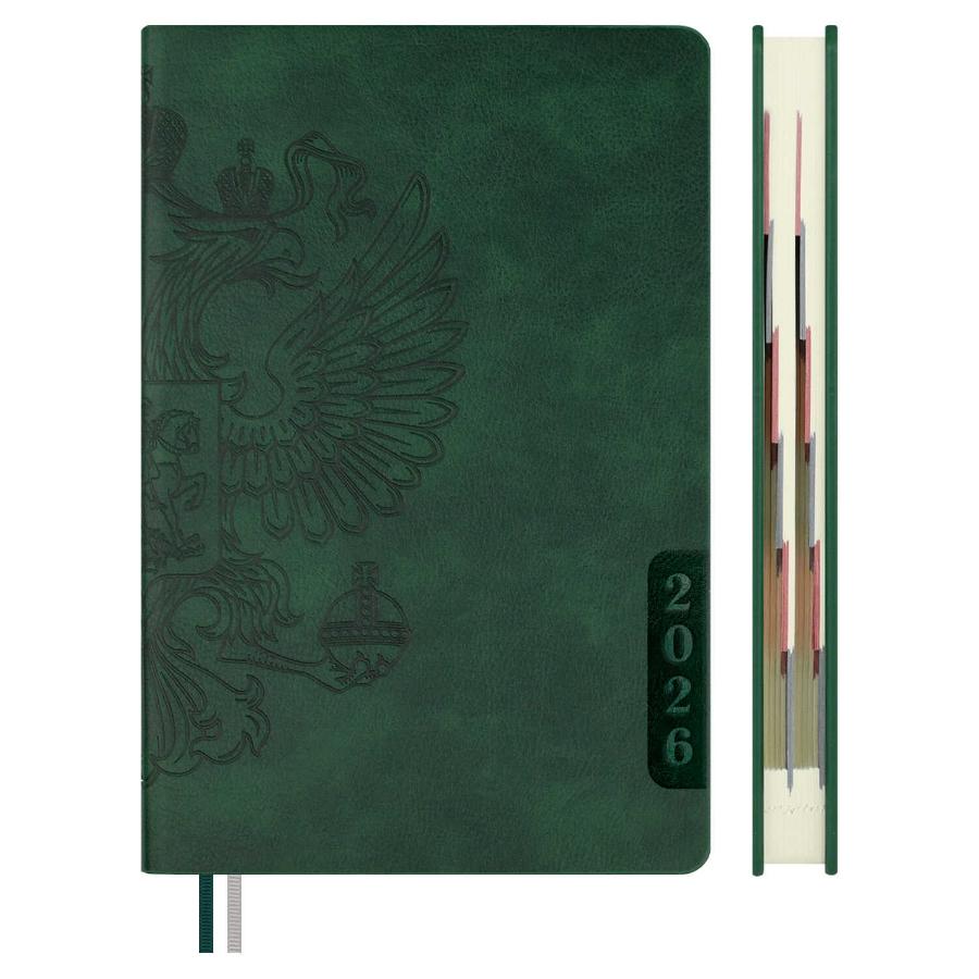 Ежедневник А5 176 л  2026, ESCALADA, Наппа зеленый, кожзам, вырубка по месяцам
