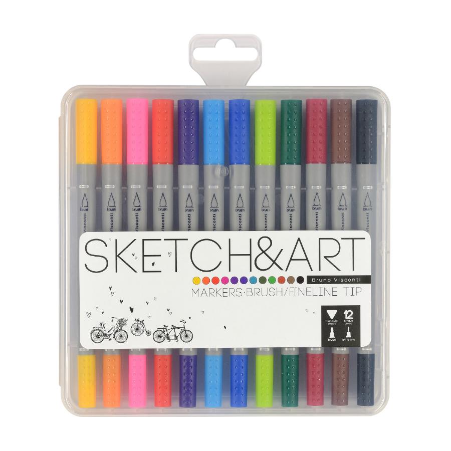 Набор маркеров для скетчинга SKETCH&ART, 12 цветов, кисточка + линер