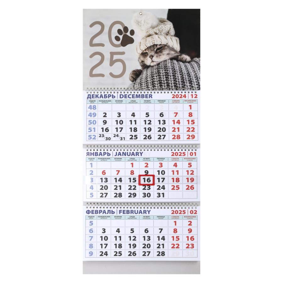 Календарь квартальный 3 бл. на 3 гр. "Котик", с бегунком, 2025г.
