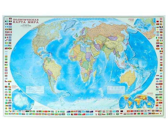Карта настенная. Мир Политический с флагами. М1:24 млн. 124х80 см