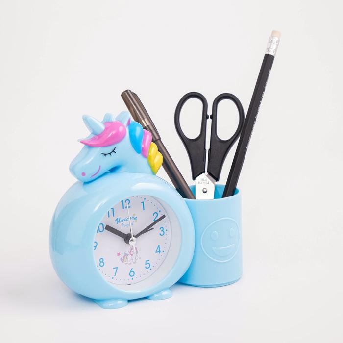 Часы-будильник "Милый единорог", голубой, с карандашницей, дискретный ход, d=6.5 см