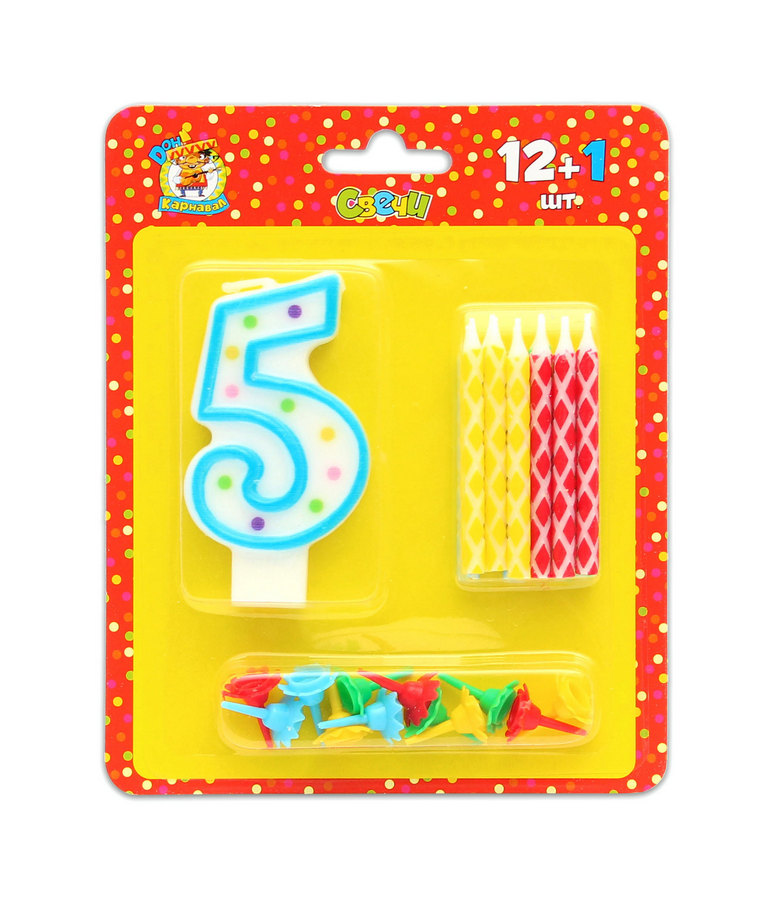Свечи для торта, цветные 12шт+цифра "5"