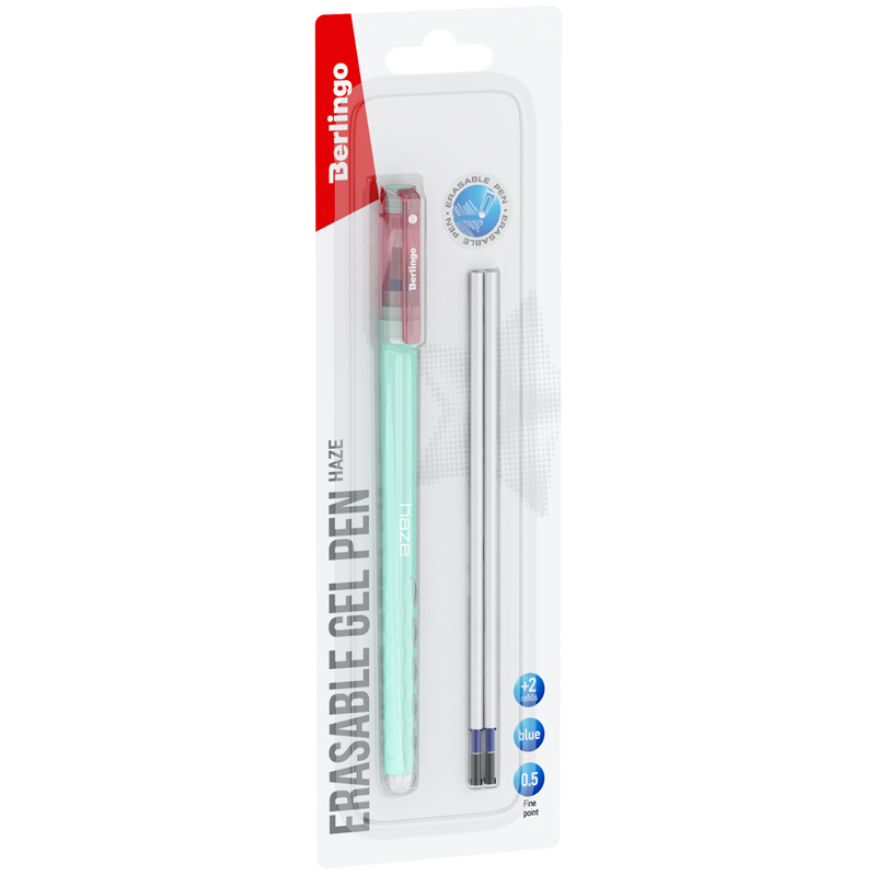 Ручка гелевая Berlingo "Haze" 0,5 мм, пиши- стирай, синяя + 2 сменных стержня, зеленый корпус