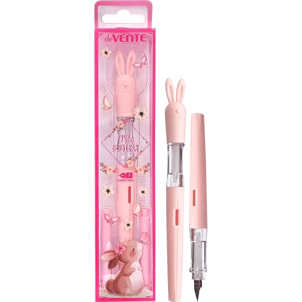 Ручка перьевая deVENTE "Зайка" + 2 картриджа, синие чернила, розовый корпус 